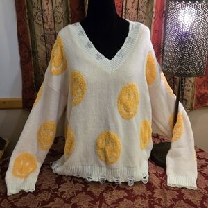 Altar'd State Distressed White Sweater with Yellow Smiley Faces